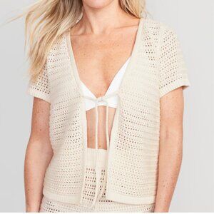 Cropped Crochet V-Neck Tie-Front Cover-Up Sweater